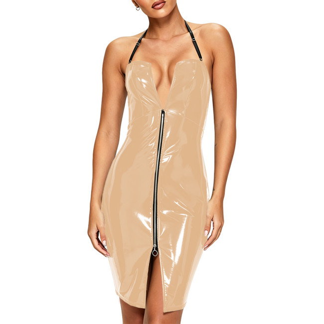 Plus Size Sexy Halter Strap PVC Leather Mini Dress Glossy Backless Bodycon Wetlook Short Dresses Hotties Punk Clubwear Fetish