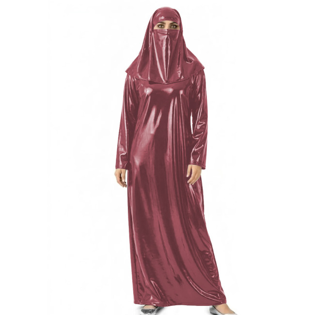Womens Shiny Wet Look Abaya with Head Cover PVC Leather Long Dress Outfit for Halloween Cosplay Events Themed Dress-Up Occasions