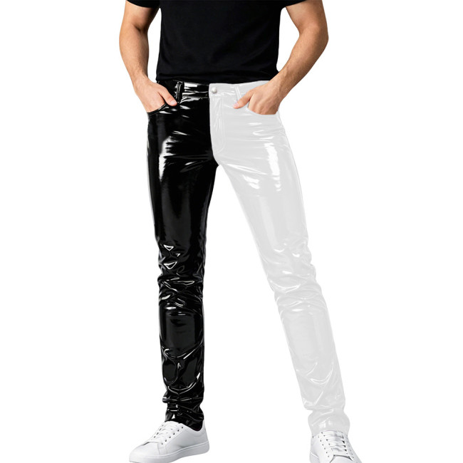 Mens Shinny PVC Leather Pants Color Block Nightclub Slim Pencil Pants Male Glossy Tight Stretch Trousers Wetlook Motorcycle Pant