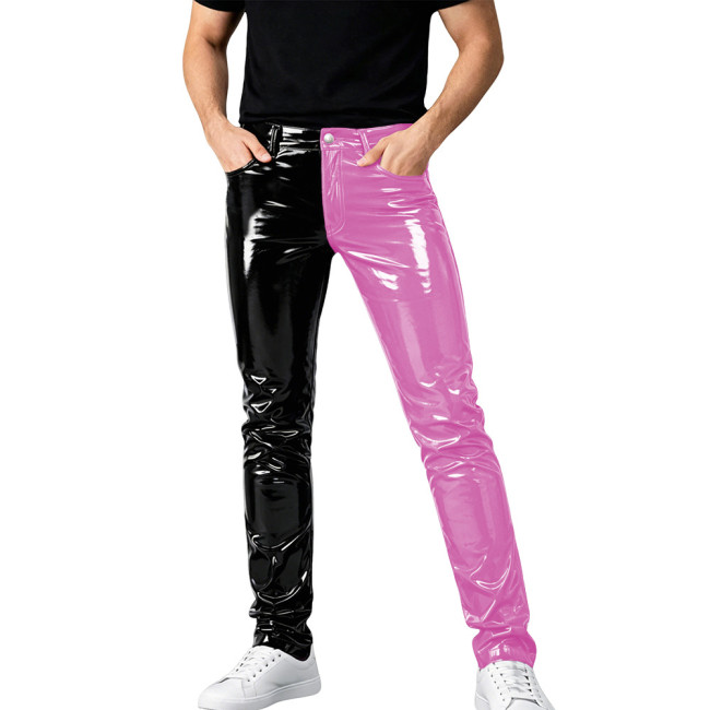 Mens Shinny PVC Leather Pants Color Block Nightclub Slim Pencil Pants Male Glossy Tight Stretch Trousers Wetlook Motorcycle Pant