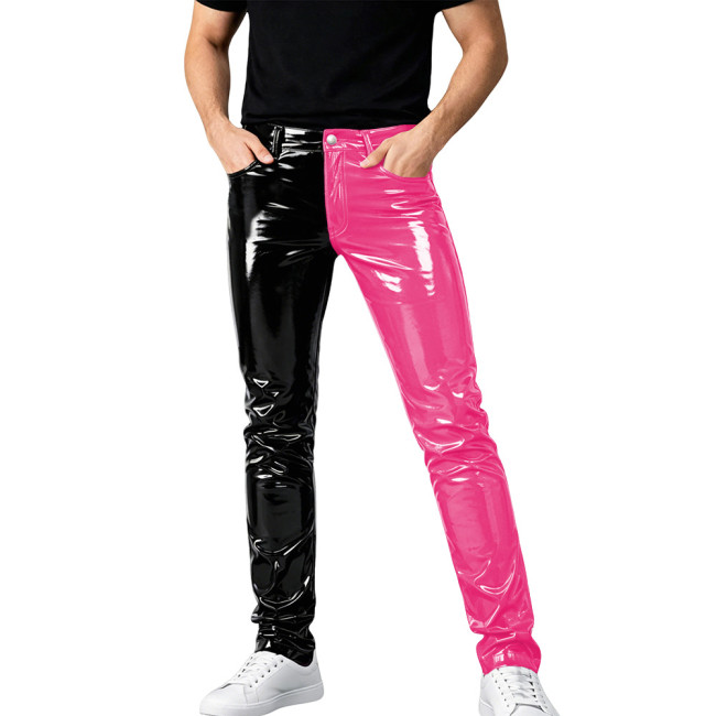 Mens Shinny PVC Leather Pants Color Block Nightclub Slim Pencil Pants Male Glossy Tight Stretch Trousers Wetlook Motorcycle Pant