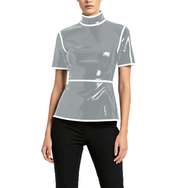 Plus Size Glossy High Neck Womens Blouse PVC Vinyl Leather Short Sleeve Slim Tops Fetish Latex-look Ladies Shirt Cosplay Cotume