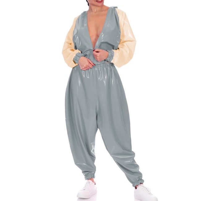 Plus Size Loose Batwing Jacket with Pants Wetlook Club Party Outfit Vinyl PVC Leather Patchwork Tops High Waist Harem Pants Sets
