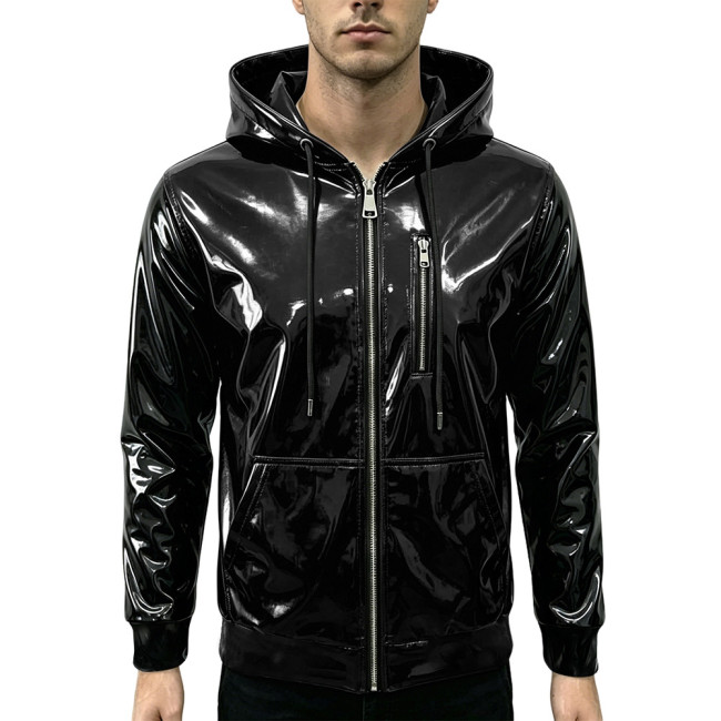New Fashion Glossy Zipper Cardigan Jackets Mens Long Sleeve Hooded PVC Shiny Leather Jacket Plus Size Streetwear Tops Hoodies