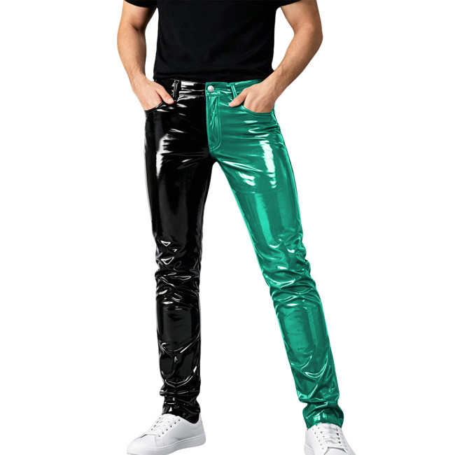 Mens Shinny PVC Leather Pants Color Block Nightclub Slim Pencil Pants Male Glossy Tight Stretch Trousers Wetlook Motorcycle Pant
