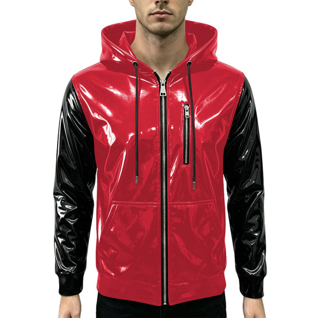 New Fashion Glossy Zipper Cardigan Jackets Mens Long Sleeve Hooded PVC Shiny Leather Jacket Plus Size Streetwear Tops Hoodies