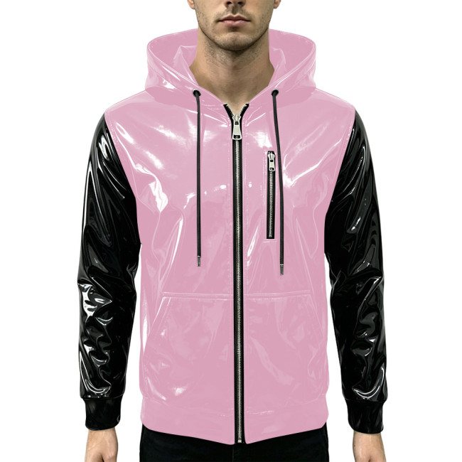 New Fashion Glossy Zipper Cardigan Jackets Mens Long Sleeve Hooded PVC Shiny Leather Jacket Plus Size Streetwear Tops Hoodies