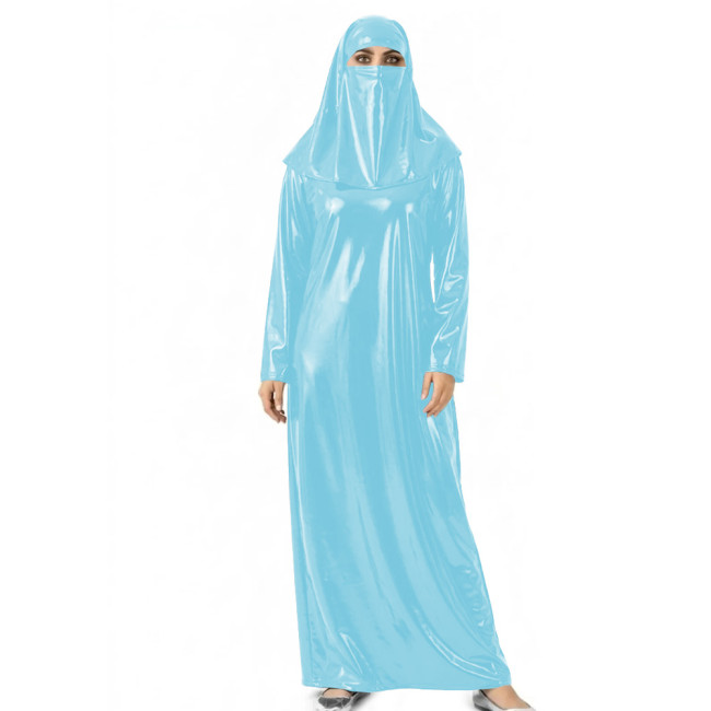 Womens Shiny Wet Look Abaya with Head Cover PVC Leather Long Dress Outfit for Halloween Cosplay Events Themed Dress-Up Occasions