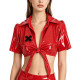 Plus Size Vinyl Tie-up Blouse for Womens Sexy Hotties Party Cosplay Crop Shirts Glossy PVC Leather Turn-down Collar Short Blouse