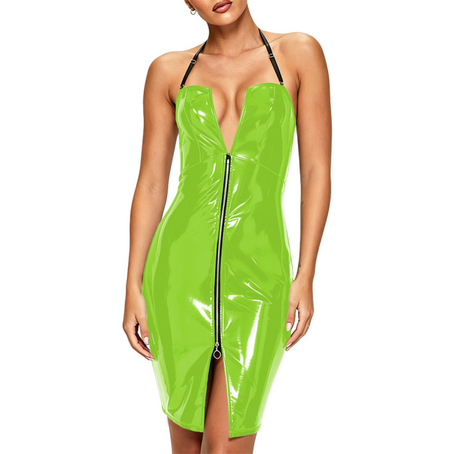 Plus Size Sexy Halter Strap PVC Leather Mini Dress Glossy Backless Bodycon Wetlook Short Dresses Hotties Punk Clubwear Fetish