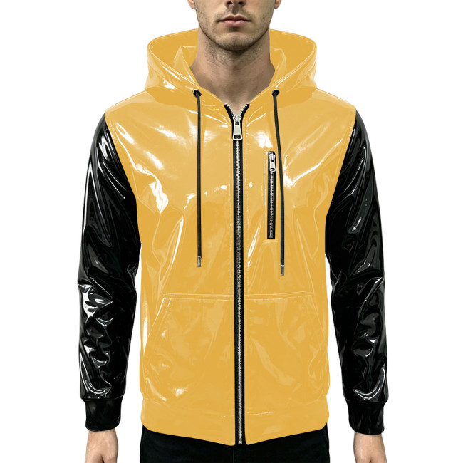 New Fashion Glossy Zipper Cardigan Jackets Mens Long Sleeve Hooded PVC Shiny Leather Jacket Plus Size Streetwear Tops Hoodies