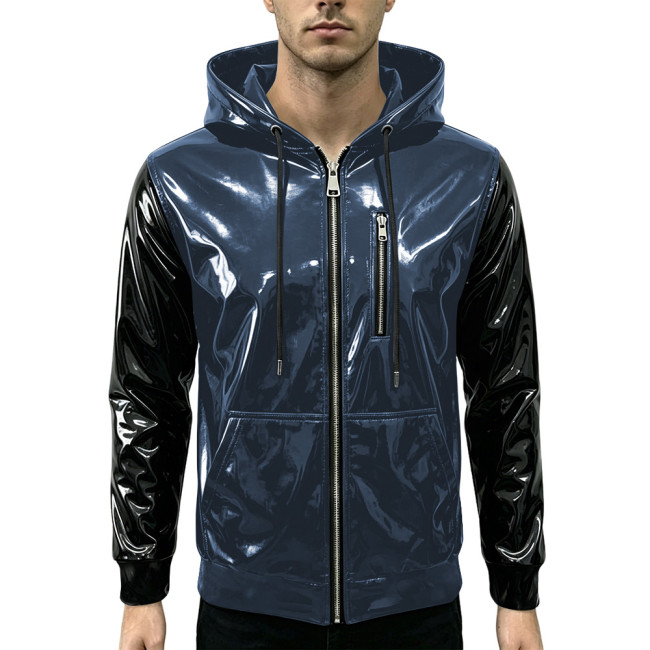 New Fashion Glossy Zipper Cardigan Jackets Mens Long Sleeve Hooded PVC Shiny Leather Jacket Plus Size Streetwear Tops Hoodies