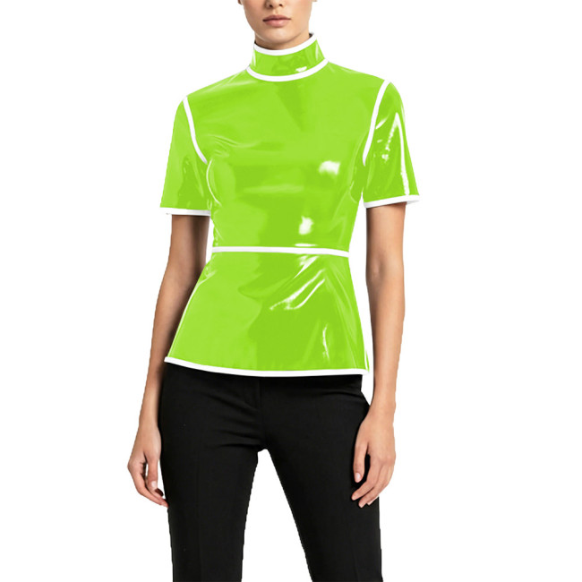 Plus Size Glossy High Neck Womens Blouse PVC Vinyl Leather Short Sleeve Slim Tops Fetish Latex-look Ladies Shirt Cosplay Cotume