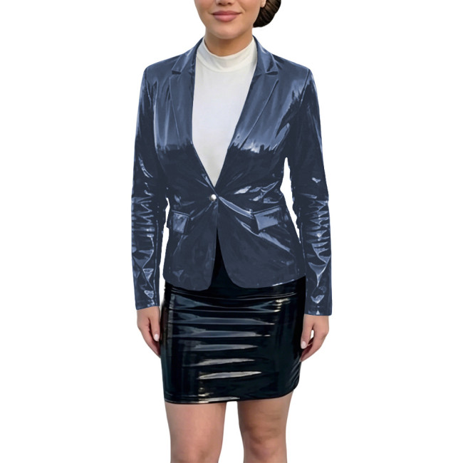 Plus Size Smooth PVC Leather Blazer Coat Womens Vinyl Glossy Slim Single Button Coat Ladies Party Nightclub Jacket Tops Wetlook