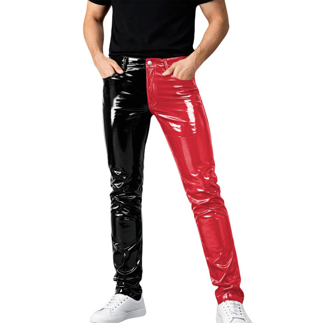 Mens Shinny PVC Leather Pants Color Block Nightclub Slim Pencil Pants Male Glossy Tight Stretch Trousers Wetlook Motorcycle Pant