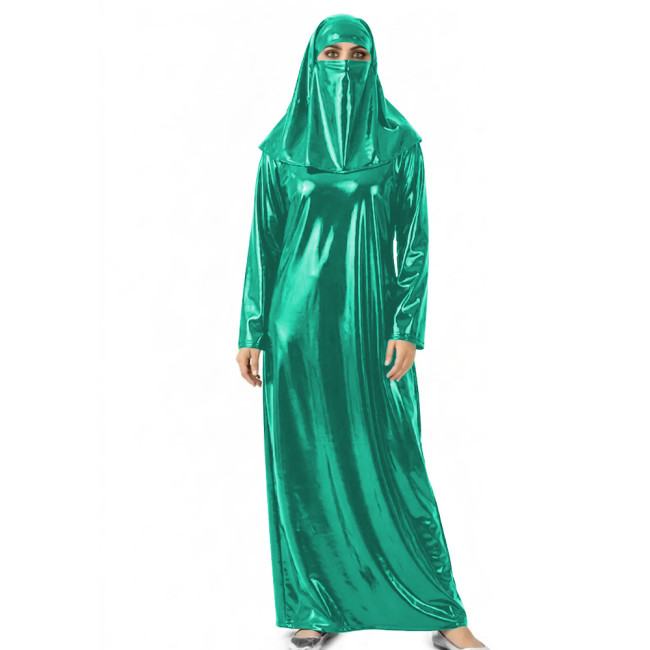 Womens Shiny Wet Look Abaya with Head Cover PVC Leather Long Dress Outfit for Halloween Cosplay Events Themed Dress-Up Occasions