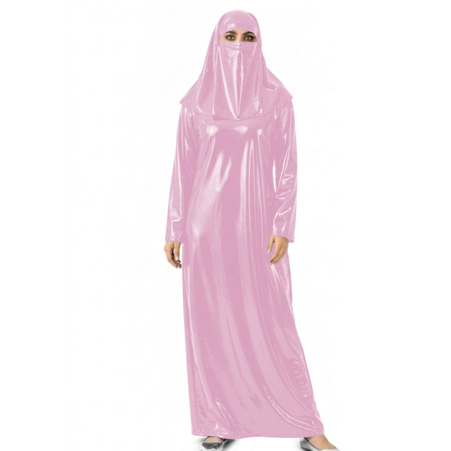 Womens Shiny Wet Look Abaya with Head Cover PVC Leather Long Dress Outfit for Halloween Cosplay Events Themed Dress-Up Occasions