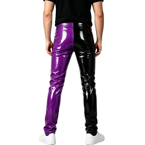 Mens Shinny PVC Leather Pants Color Block Nightclub Slim Pencil Pants Male Glossy Tight Stretch Trousers Wetlook Motorcycle Pant