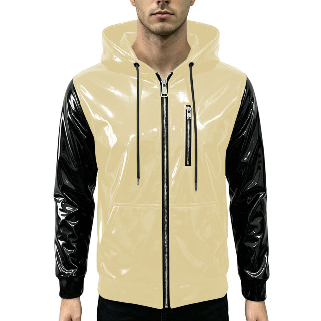 New Fashion Glossy Zipper Cardigan Jackets Mens Long Sleeve Hooded PVC Shiny Leather Jacket Plus Size Streetwear Tops Hoodies