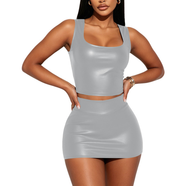 Plus Size Ladies Sexy Crop Vest Tops High Waist Sheath Mini Skirts PU Faux Leather Womens Clubwear 2 Piece Sets Party Costume