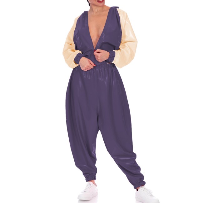 Plus Size Loose Batwing Jacket with Pants Wetlook Club Party Outfit Vinyl PVC Leather Patchwork Tops High Waist Harem Pants Sets