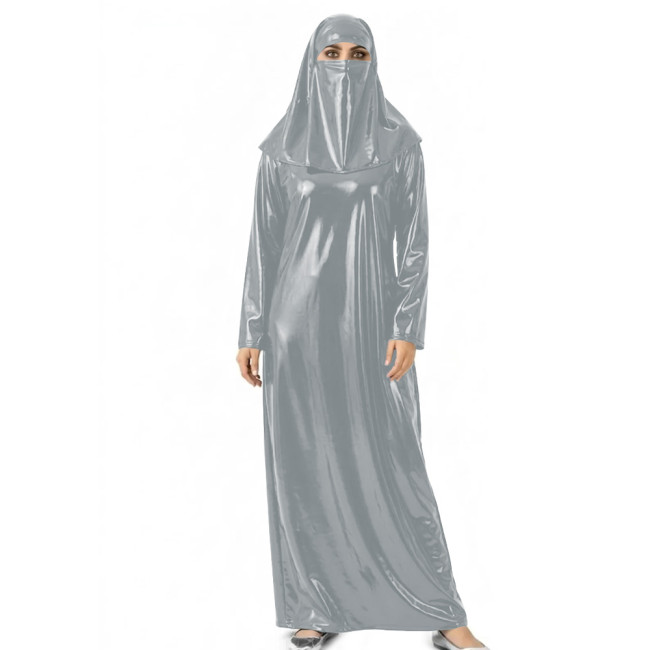 Womens Shiny Wet Look Abaya with Head Cover PVC Leather Long Dress Outfit for Halloween Cosplay Events Themed Dress-Up Occasions