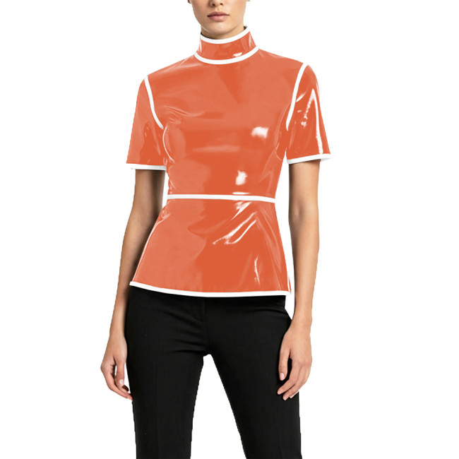 Plus Size Glossy High Neck Womens Blouse PVC Vinyl Leather Short Sleeve Slim Tops Fetish Latex-look Ladies Shirt Cosplay Cotume