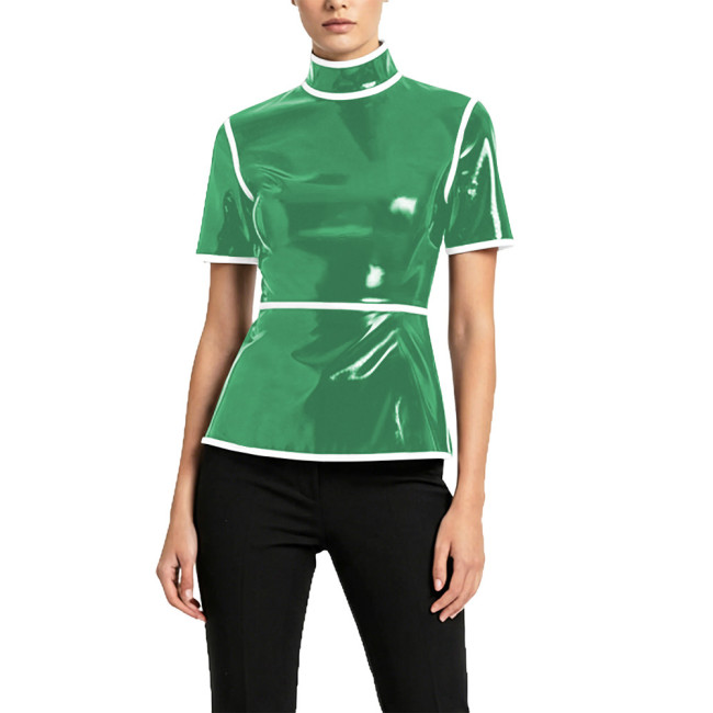Plus Size Glossy High Neck Womens Blouse PVC Vinyl Leather Short Sleeve Slim Tops Fetish Latex-look Ladies Shirt Cosplay Cotume