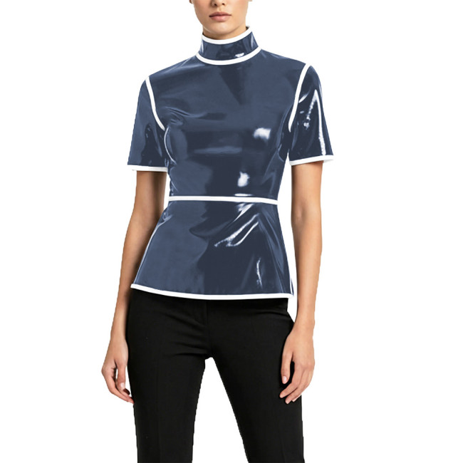 Plus Size Glossy High Neck Womens Blouse PVC Vinyl Leather Short Sleeve Slim Tops Fetish Latex-look Ladies Shirt Cosplay Cotume