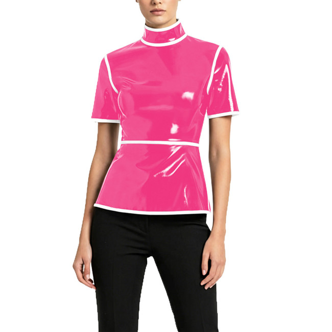 Plus Size Glossy High Neck Womens Blouse PVC Vinyl Leather Short Sleeve Slim Tops Fetish Latex-look Ladies Shirt Cosplay Cotume