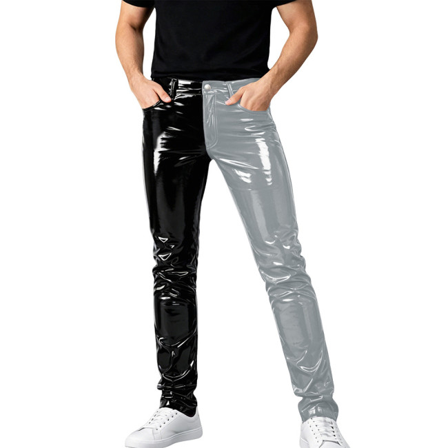Mens Shinny PVC Leather Pants Color Block Nightclub Slim Pencil Pants Male Glossy Tight Stretch Trousers Wetlook Motorcycle Pant