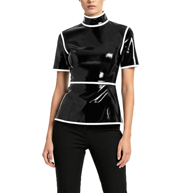 Plus Size Glossy High Neck Womens Blouse PVC Vinyl Leather Short Sleeve Slim Tops Fetish Latex-look Ladies Shirt Cosplay Cotume