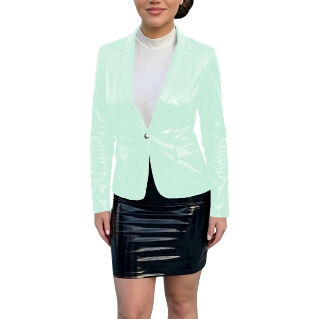 Plus Size Smooth PVC Leather Blazer Coat Womens Vinyl Glossy Slim Single Button Coat Ladies Party Nightclub Jacket Tops Wetlook