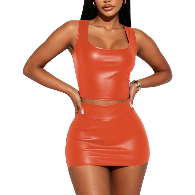 Plus Size Ladies Sexy Crop Vest Tops High Waist Sheath Mini Skirts PU Faux Leather Womens Clubwear 2 Piece Sets Party Costume