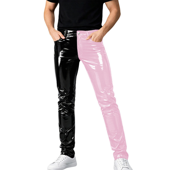 Mens Shinny PVC Leather Pants Color Block Nightclub Slim Pencil Pants Male Glossy Tight Stretch Trousers Wetlook Motorcycle Pant