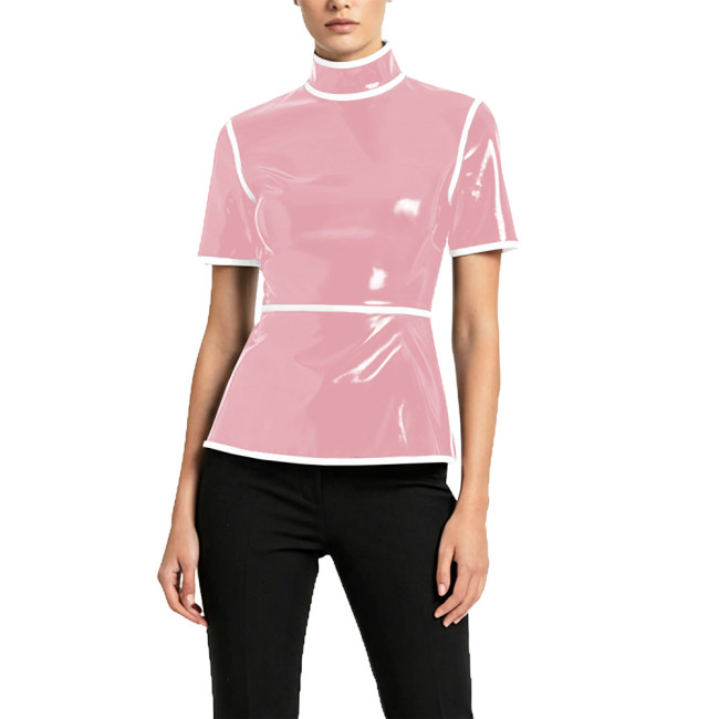 Plus Size Glossy High Neck Womens Blouse PVC Vinyl Leather Short Sleeve Slim Tops Fetish Latex-look Ladies Shirt Cosplay Cotume