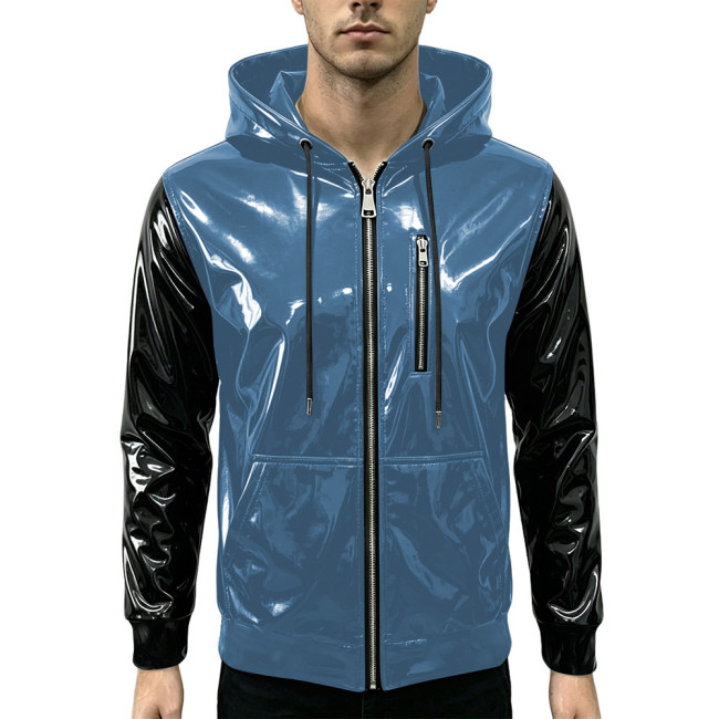 New Fashion Glossy Zipper Cardigan Jackets Mens Long Sleeve Hooded PVC Shiny Leather Jacket Plus Size Streetwear Tops Hoodies