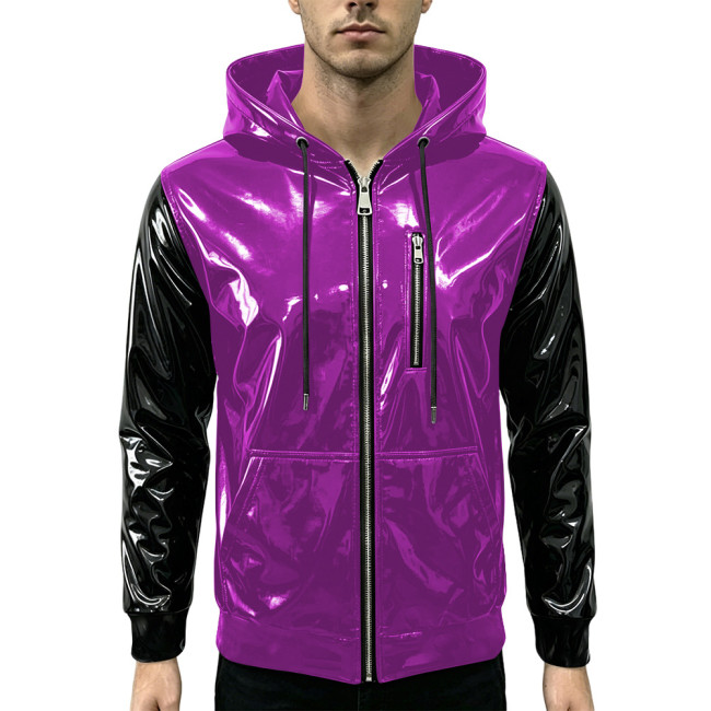 New Fashion Glossy Zipper Cardigan Jackets Mens Long Sleeve Hooded PVC Shiny Leather Jacket Plus Size Streetwear Tops Hoodies