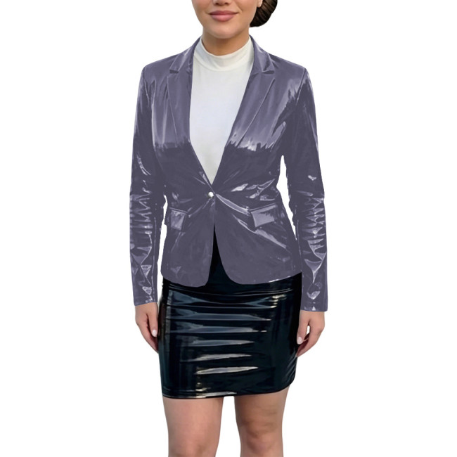 Plus Size Smooth PVC Leather Blazer Coat Womens Vinyl Glossy Slim Single Button Coat Ladies Party Nightclub Jacket Tops Wetlook