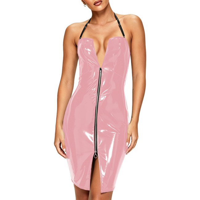 Plus Size Sexy Halter Strap PVC Leather Mini Dress Glossy Backless Bodycon Wetlook Short Dresses Hotties Punk Clubwear Fetish