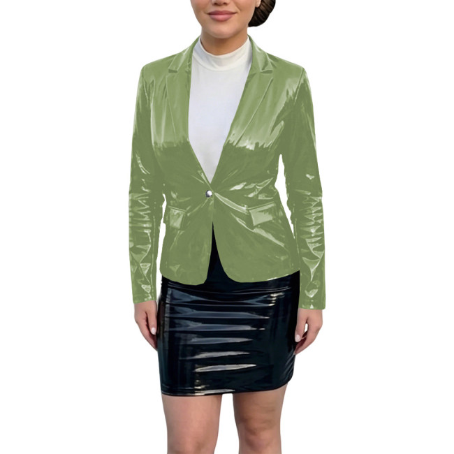 Plus Size Smooth PVC Leather Blazer Coat Womens Vinyl Glossy Slim Single Button Coat Ladies Party Nightclub Jacket Tops Wetlook