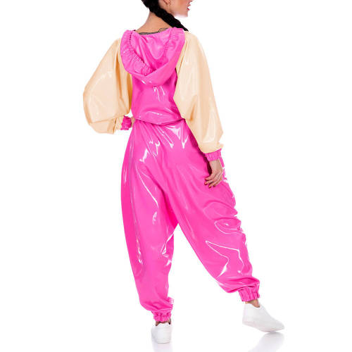 Plus Size Loose Batwing Jacket with Pants Wetlook Club Party Outfit Vinyl PVC Leather Patchwork Tops High Waist Harem Pants Sets
