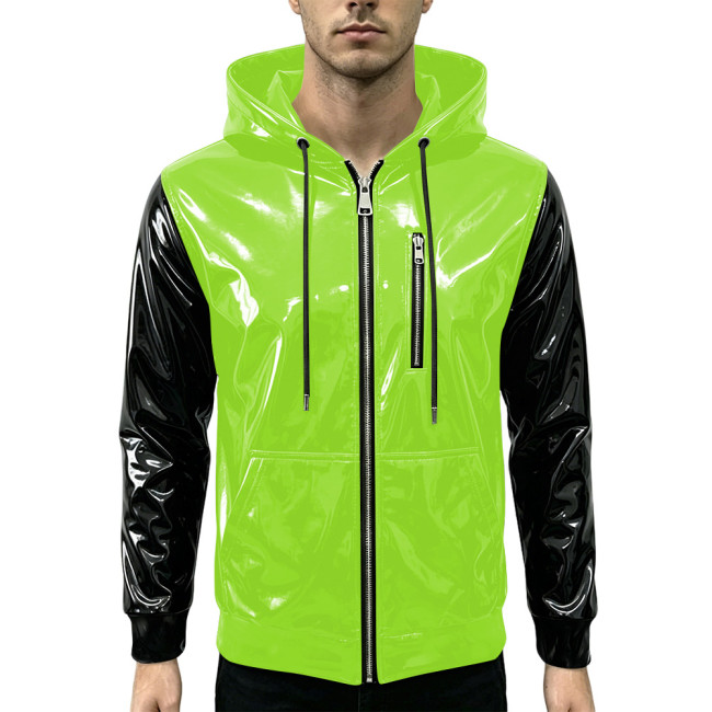 New Fashion Glossy Zipper Cardigan Jackets Mens Long Sleeve Hooded PVC Shiny Leather Jacket Plus Size Streetwear Tops Hoodies