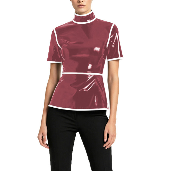 Plus Size Glossy High Neck Womens Blouse PVC Vinyl Leather Short Sleeve Slim Tops Fetish Latex-look Ladies Shirt Cosplay Cotume