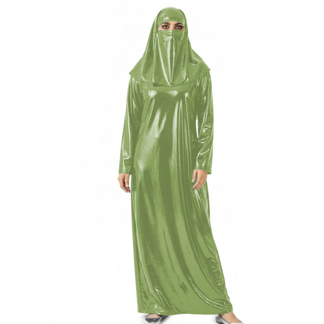 Womens Shiny Wet Look Abaya with Head Cover PVC Leather Long Dress Outfit for Halloween Cosplay Events Themed Dress-Up Occasions
