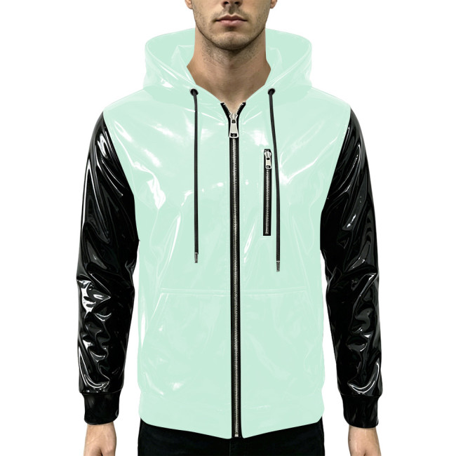New Fashion Glossy Zipper Cardigan Jackets Mens Long Sleeve Hooded PVC Shiny Leather Jacket Plus Size Streetwear Tops Hoodies