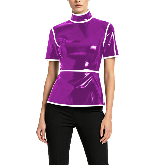 Plus Size Glossy High Neck Womens Blouse PVC Vinyl Leather Short Sleeve Slim Tops Fetish Latex-look Ladies Shirt Cosplay Cotume