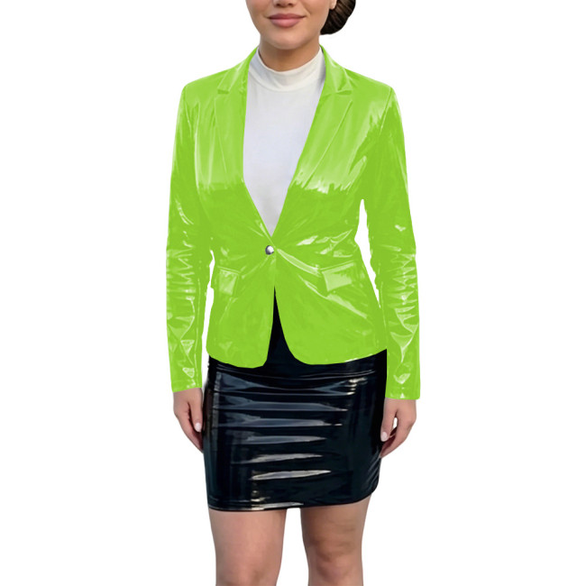 Plus Size Smooth PVC Leather Blazer Coat Womens Vinyl Glossy Slim Single Button Coat Ladies Party Nightclub Jacket Tops Wetlook