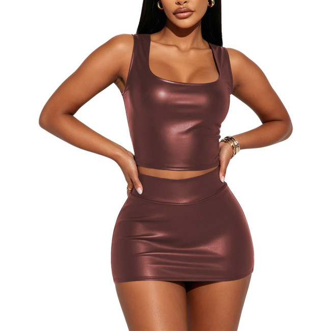 Plus Size Ladies Sexy Crop Vest Tops High Waist Sheath Mini Skirts PU Faux Leather Womens Clubwear 2 Piece Sets Party Costume