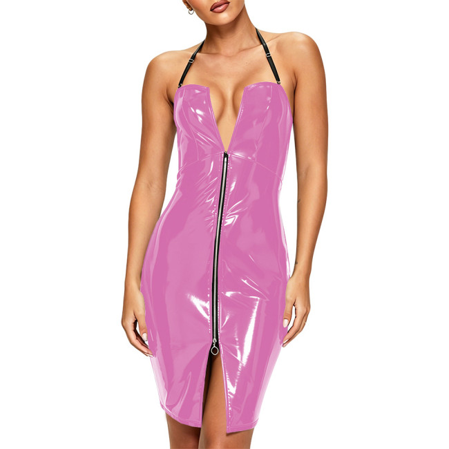 Plus Size Sexy Halter Strap PVC Leather Mini Dress Glossy Backless Bodycon Wetlook Short Dresses Hotties Punk Clubwear Fetish